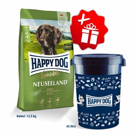 Akcia Sensible Neuseeland 12,5 kg + Barel na krmivo Happy Dog velký 43 l