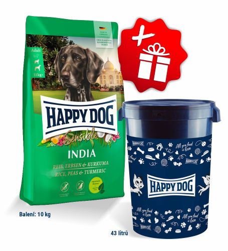 Akcia Sensible India 10 kg + Barel na krmivo Happy Dog velký 43 l