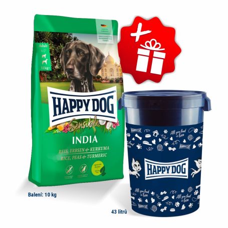 Akcia Sensible India 10 kg + Barel na krmivo Happy Dog velký 43 l