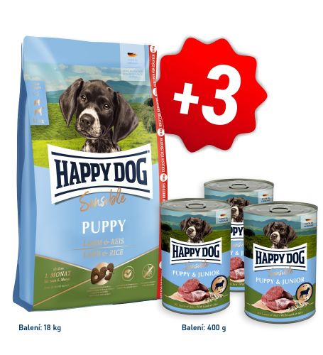 AKCIA Sensible Puppy Lamb & Rice 18 kg + 3x konzerva Puppy & Junior Lamm - jahňacie 400 g