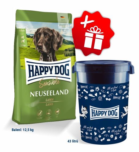 Akce Sensible Neuseeland 12,5 kg + Barel na krmivo Happy Dog velký 43 l