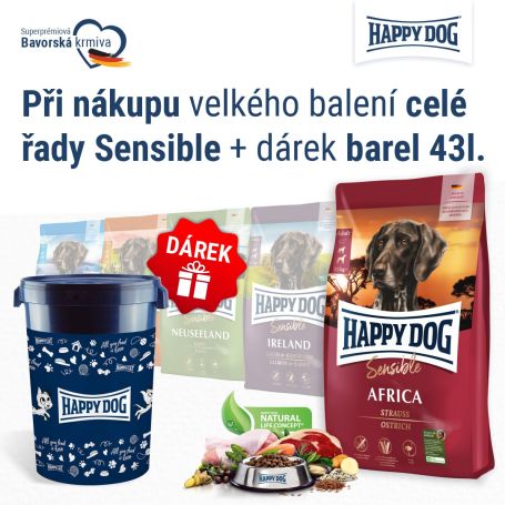Sensible velké balení + Barel na krmivo Happy Dog velký 43 l