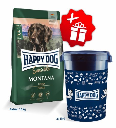 Akcia Sensible Montana 10 kg + Barel na krmivo Happy Dog velký 43 l