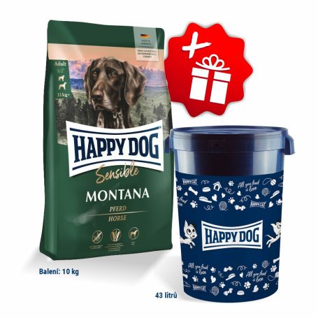 Akcia Sensible Montana 10 kg + Barel na krmivo Happy Dog velký 43 l
