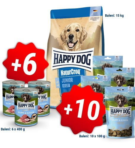 AKCE NaturCroq Junior 15 kg + 6 konzerv 400g a 10x pamlsek