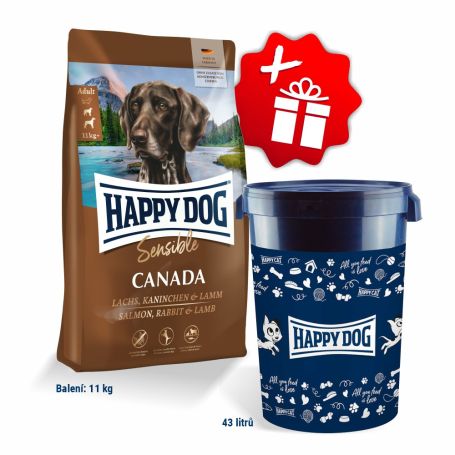 Akcia Sensible Canada 11 kg + Barel na krmivo Happy Dog velký 43 l