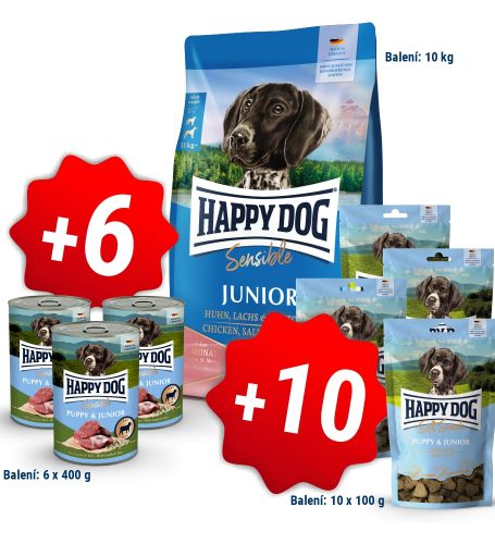 AKCE Sensible Junior Chicken 10 kg + 6 konzerv 400g a 10x pamlsek