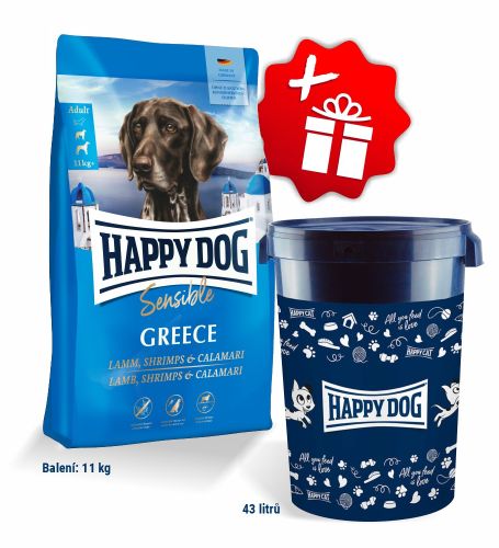 Akcia Sensible Greece 11 kg + Barel na krmivo Happy Dog velký 43 l