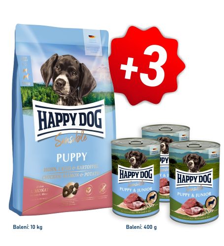 AKCE Sensible Puppy Chicken, Salmon & Potato 10 kg   + 3x konzerva Puppy & Junior Lamm - Jehněčí 400 g