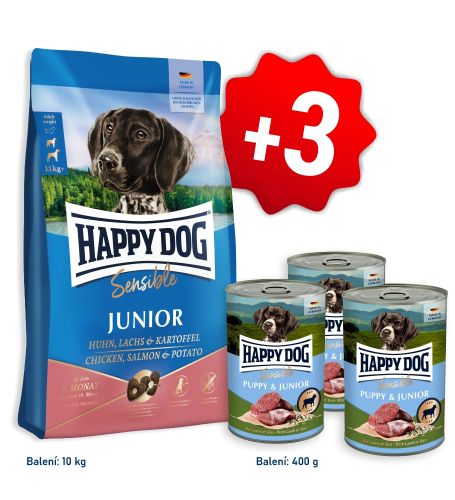 AKCE Sensible Junior Chicken, Salmon & Potato 10 kg + 3x konzerva Puppy & Junior Lamm - Jehněčí 400 g