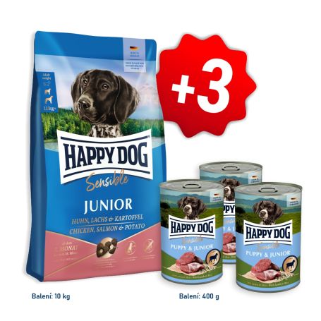 AKCE Sensible Junior Chicken, Salmon & Potato 10 kg + 3x konzerva Puppy & Junior Lamm - Jehněčí 400 g