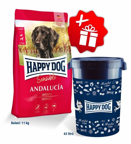 Akcia Sensible Andalucía 11 kg + Barel na krmivo Happy Dog velký 43 l