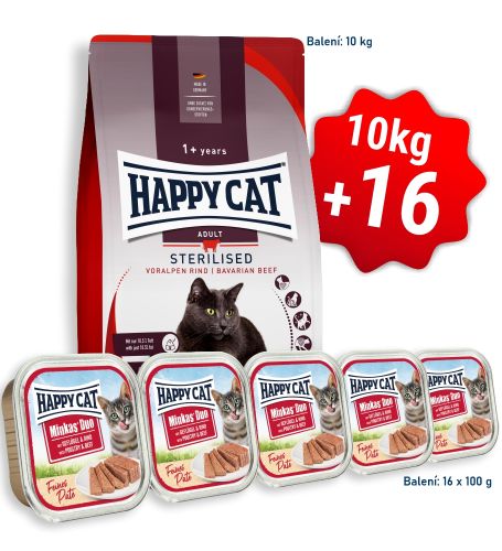AKCE HC Sterilised Adult Voralpen-Rind / Hovězí 10 kg + 16x Minkas Duo Paté - Drůbež & Hovězí 100 g