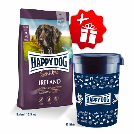 Akcia Sensible Ireland 12,5 kg + Barel na krmivo Happy Dog velký 43 l