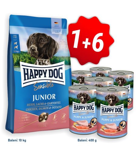 AKCIA Sensible Junior Chicken, Salmon & Potato 10 kg + 6x konzerva Puppy & Junior Lamm - Jahňacie 400 g 