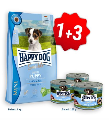 AKCIA Sensible Mini Puppy Lamb & Rice 4 kg + 3x konzerva Puppy & Junior Lamm - jahňacie 200 g 