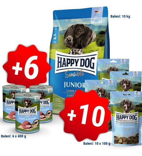 AKCIA Sensible Junior Lamb & Rice 10 kg + 6 konzerv 400g a 10x pamlsek 