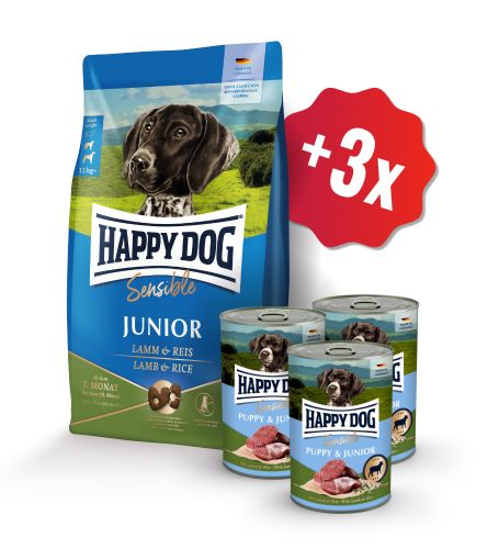 AKCIA Sensible Junior Lamb & Rice 10 kg + 3x konzerva Puppy & Junior Lamm - jahňacie 400 g