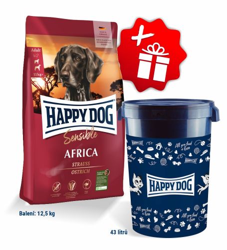 Akcia Sensible Africa 12,5kg + Barel na krmivo Happy Dog velký 43 l 
