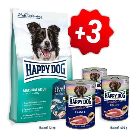 AKCE Fit & Vital Medium Adult 12 kg + 3x konzerva Sensible Pure France - kachní 400 g