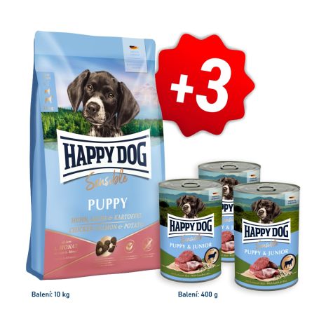 AKCIA Sensible Puppy Chicken, Salmon & Potato 10 kg + 3x konzerva Puppy & Junior Lamm - Jahňacie 400 g