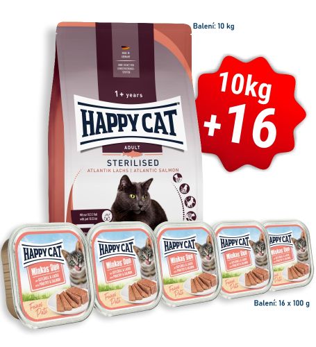 AKCE HC Sterilised Adult Atlantic-Lachs/Losos 10 kg + 16x Minkas Duo Paté - Drůbež & Losos 100 g