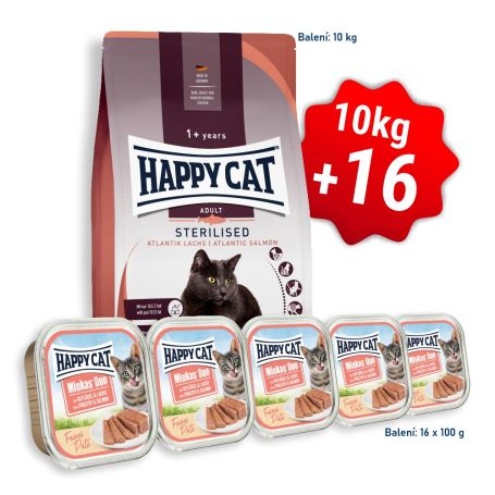 AKCIA HC Sterilised Adult Atlantic-Lachs/Losos 10 kg + 16x Minkas Duo Paté - Hydina & Losos 100 g 
